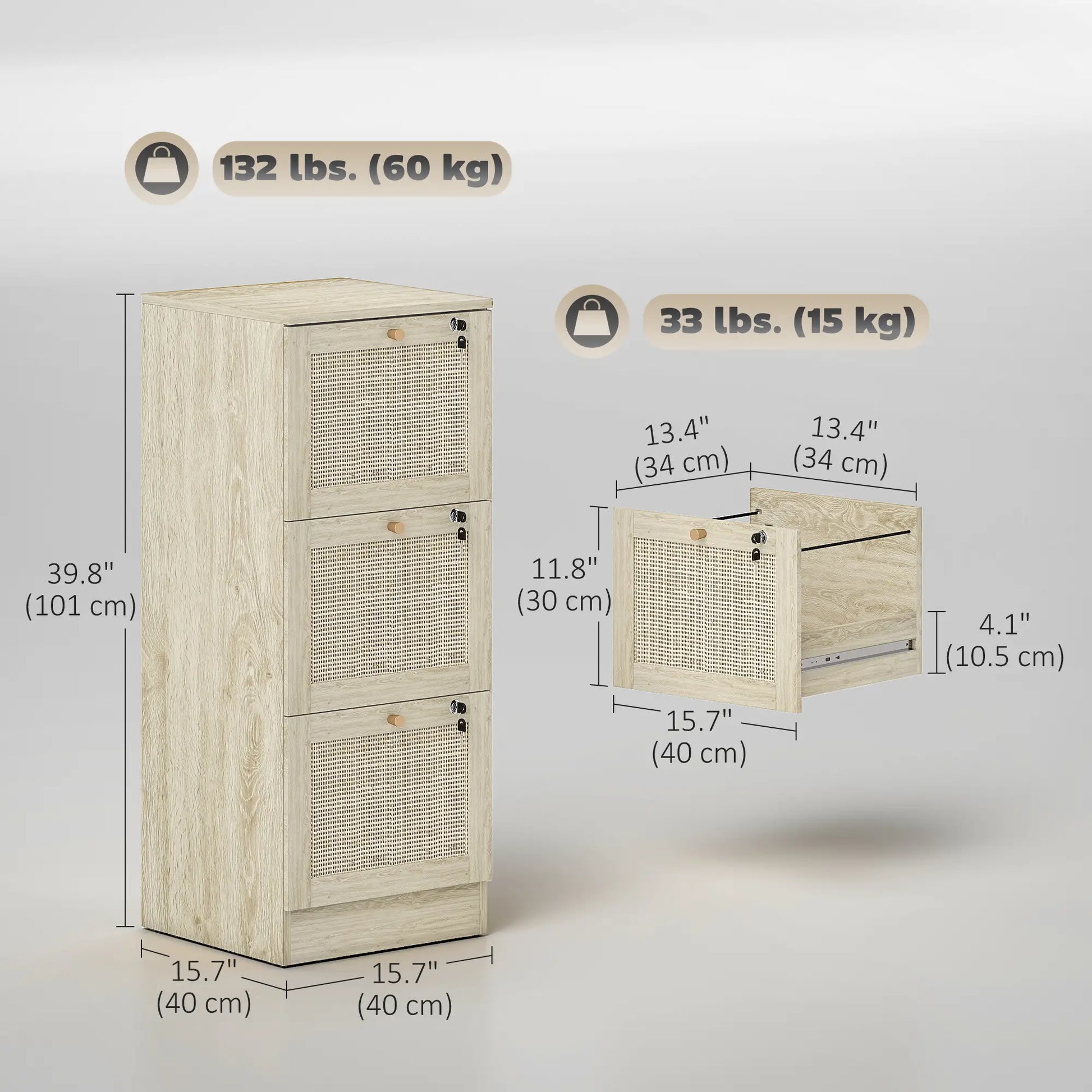 3 Drawer Filing Cabinet with Lock, Boho File Cabinet, A4 Letter Size, Oak Office Cabinets & Cupboards at Gallery Canada
