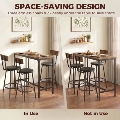 Bar Table Set, 4 PU Cushioned Barstools, Rustic Brown