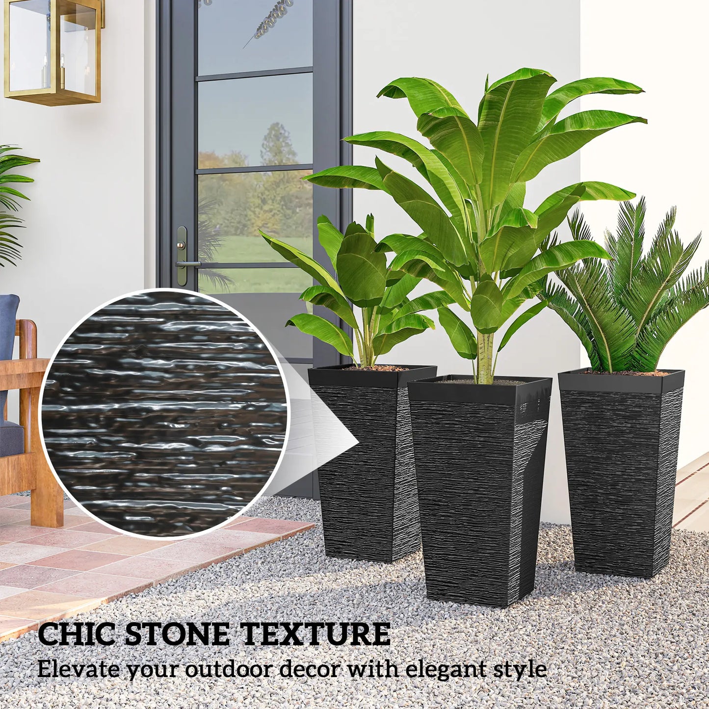 22.8" Tall Planters Set of 3, Stone Finish, Wheels, Drainage, Black Garden Accessories at Gallery Canada