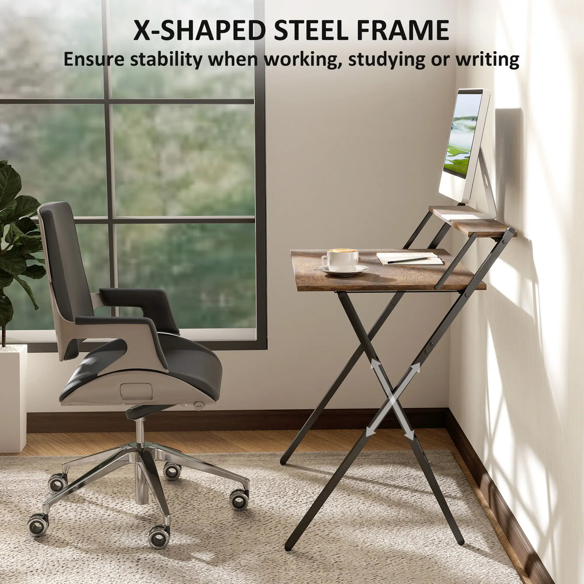 32" Foldable Computer Desk, Monitor Shelf, Rustic Brown Writing Desks at Gallery Canada