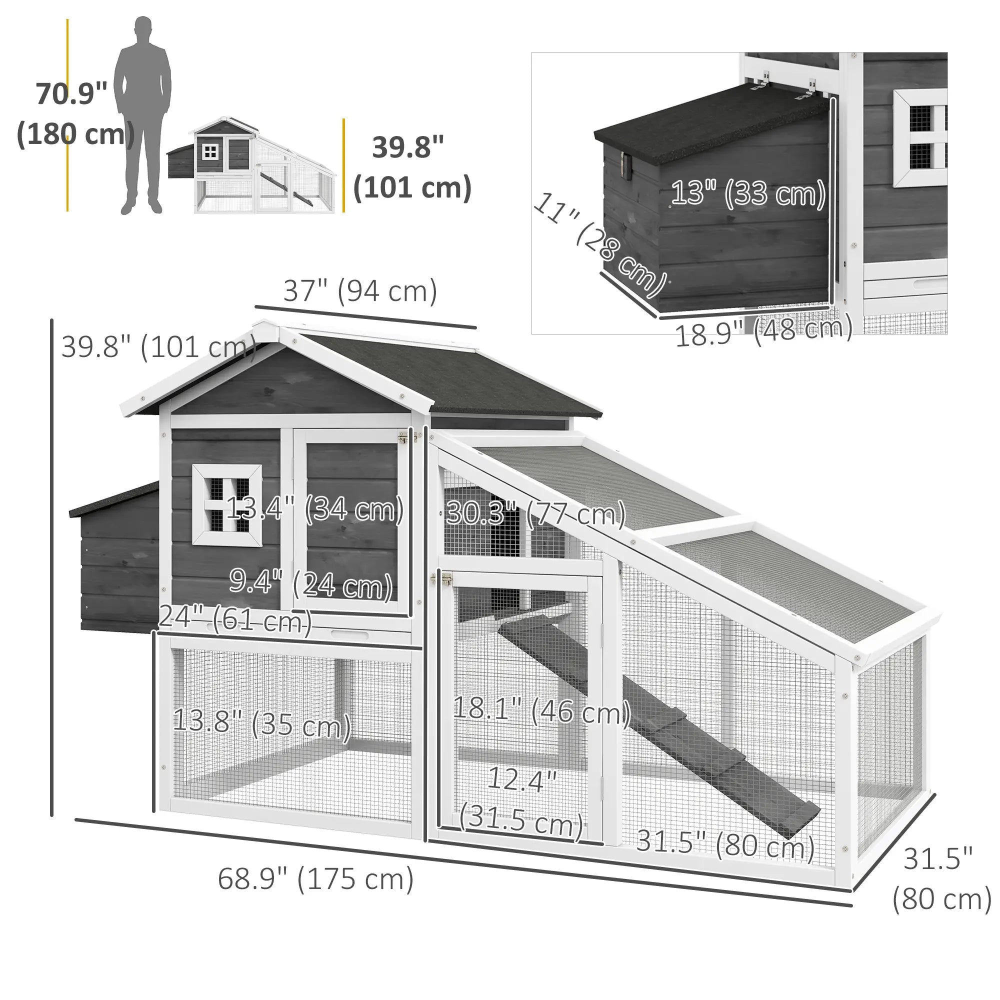 69 Wooden Chicken Coop with Run, Nesting Box, Tray, Grey Chicken Coops at Gallery Canada