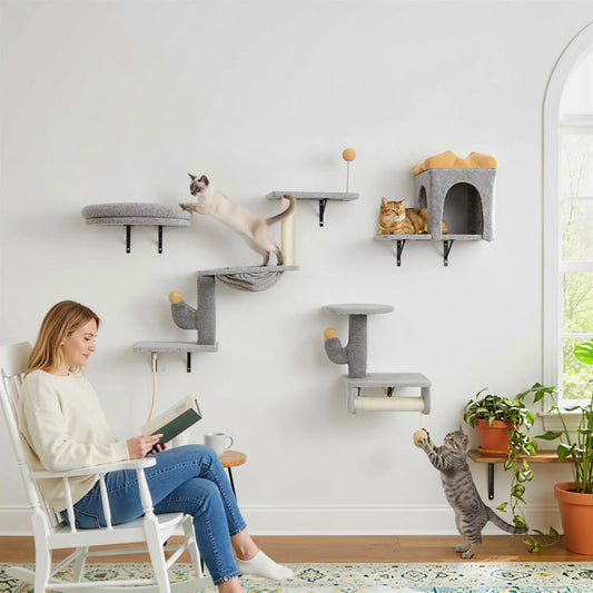 Cat Wall Shelves, 4 Pcs Set with Scratching Posts, Condo, Hammock, Perchs, Light Grey Cat Climbing Wall Light Grey, Yellow at Gallery Canada