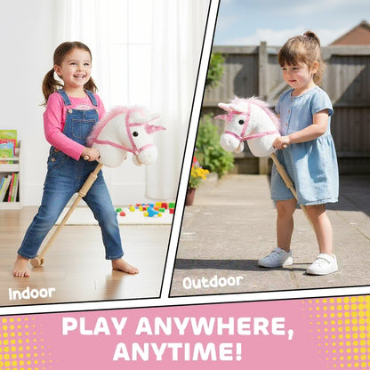 Unicorn Stick Horse, Plush with Wood Wheels, Neighing Sounds, White Rocking Horses at Gallery Canada