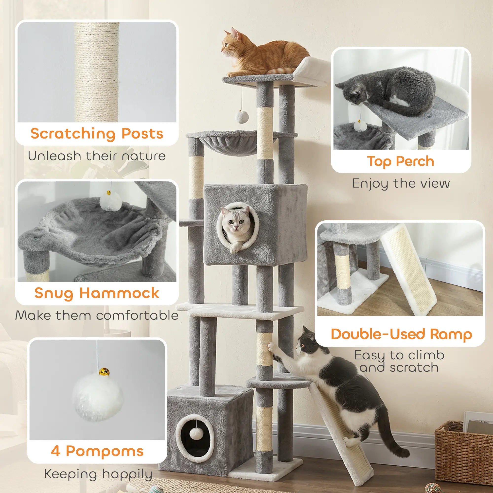65 Inch Cat Tree, 2 Doors Condos, Plush Perch, Hammock, Grey Cat Towers at Gallery Canada