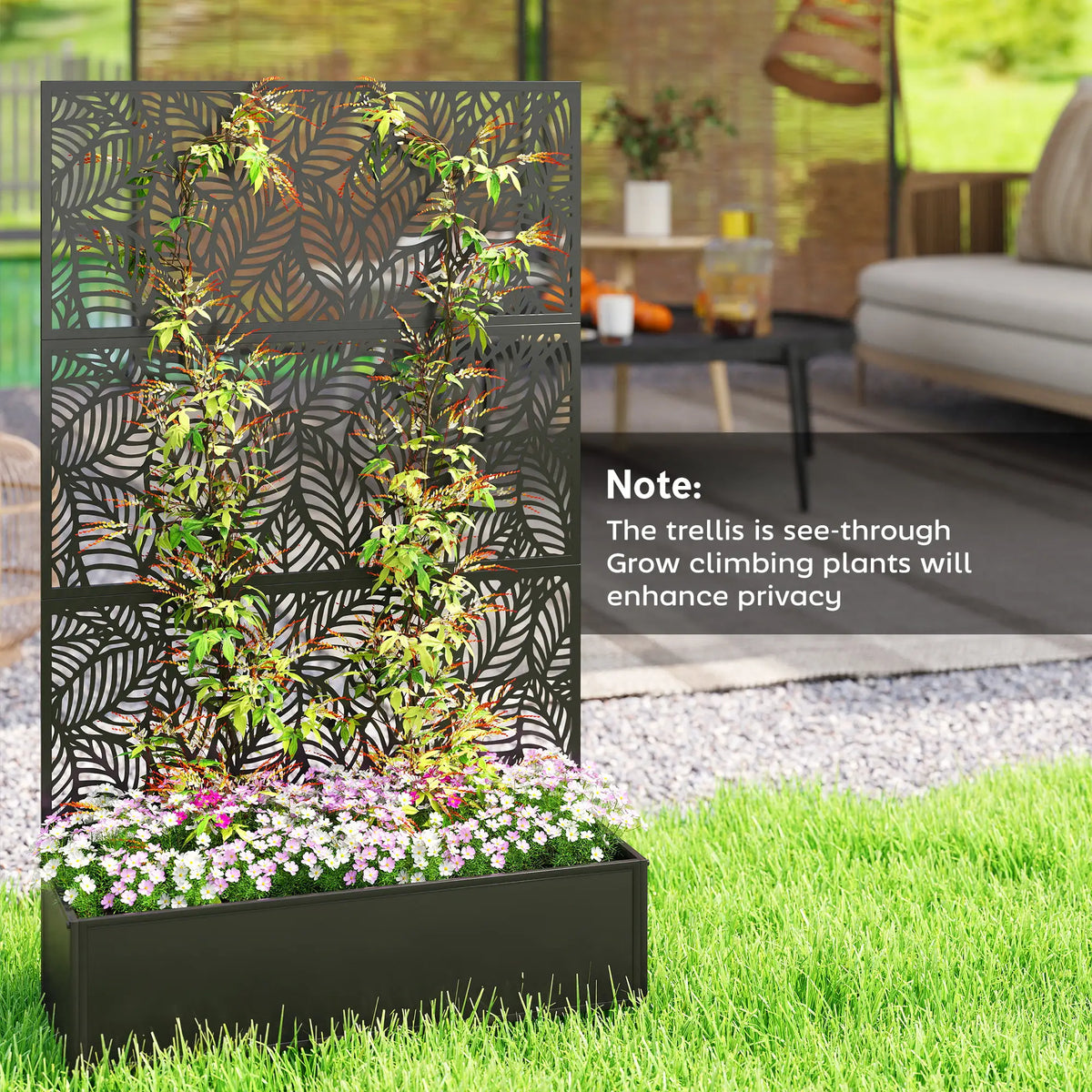 70" Metal Planter Box With Trellis, Raised Garden Bed, Leaves Cut-Out