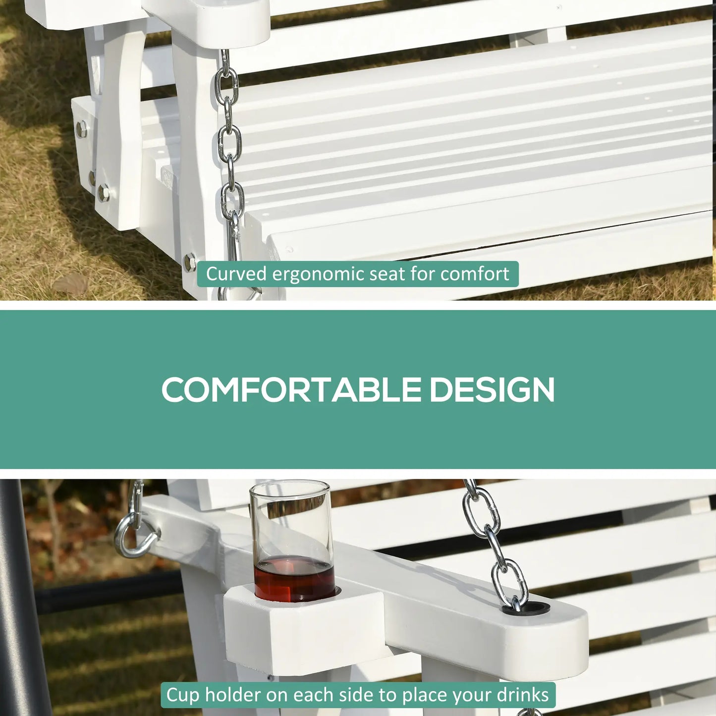 2 Seater Wooden Porch Swing, Outdoor Patio Chair with Cup Holder, White Hanging Porch Swings at Gallery Canada