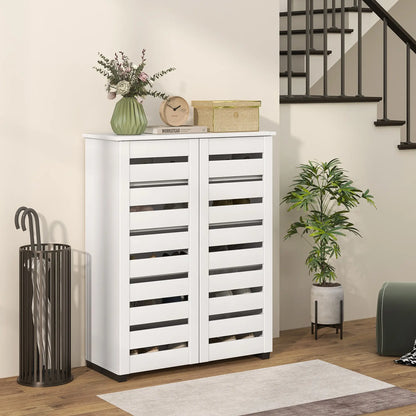 Shoe Storage Cabinet, 2 Slatted Doors, Holds 15 Pairs, White