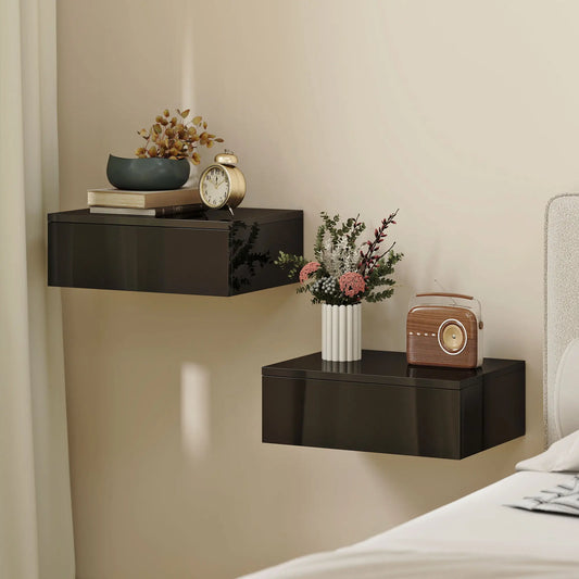Set of 2 Wall Mounted Bedside Tables, High Gloss Floating Nightstands with Drawer for Bedroom, Black Bedside Tables Black at Gallery Canada