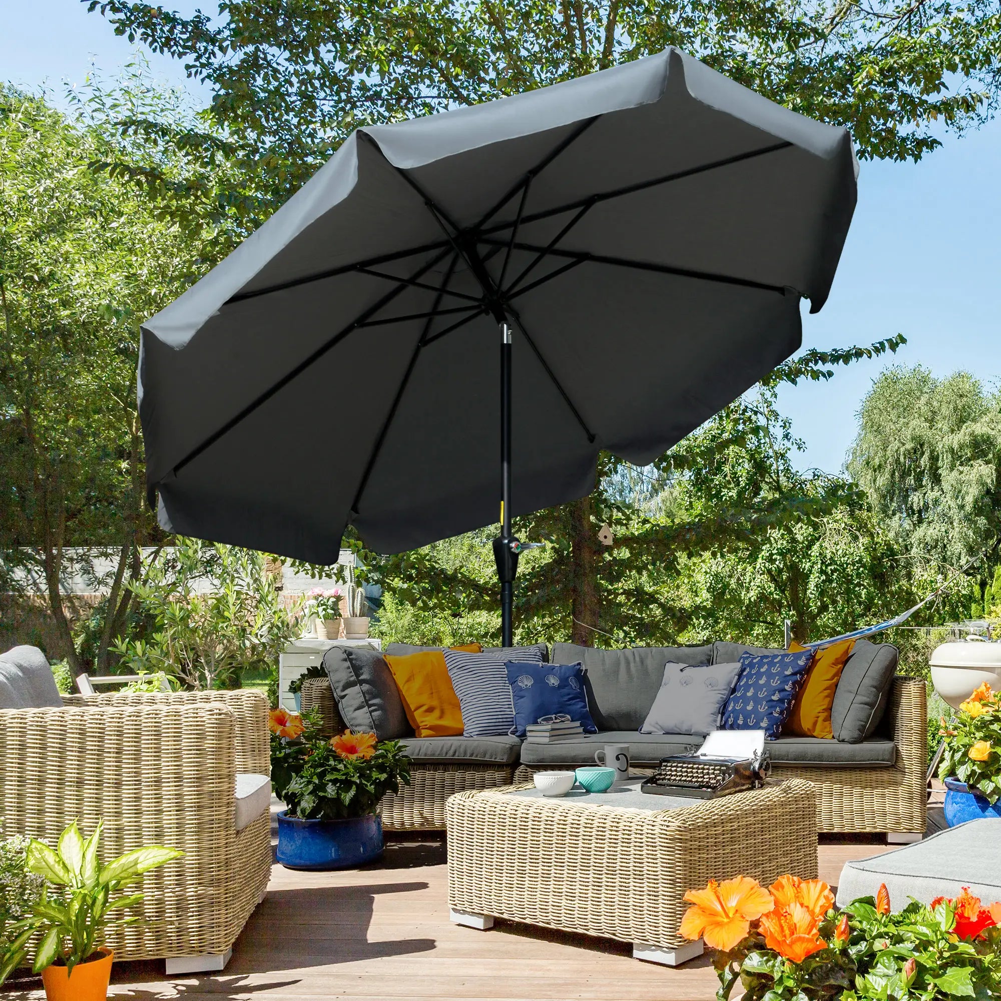8.5 ft Round Patio Umbrella, Tilt and Crank, Dark Grey Sun Umbrellas at Gallery Canada