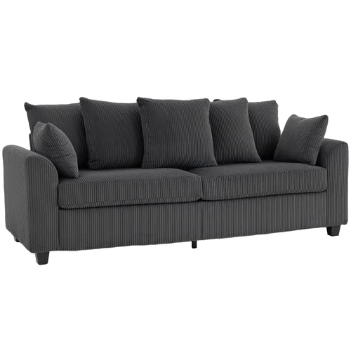 Corduroy Couch, 3 Seater Sofa, Modern Upholstered with Curved Armrests, 8 Removable Pillows, Dark Grey