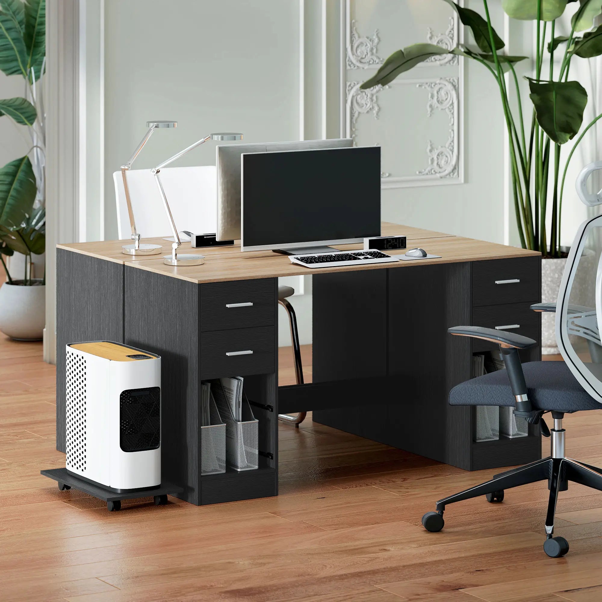 55 Inch Office Desk, Black Wood Grain, 4 Reversible Drawers, Mobile PC Stand, Black Computer Desks at Gallery Canada