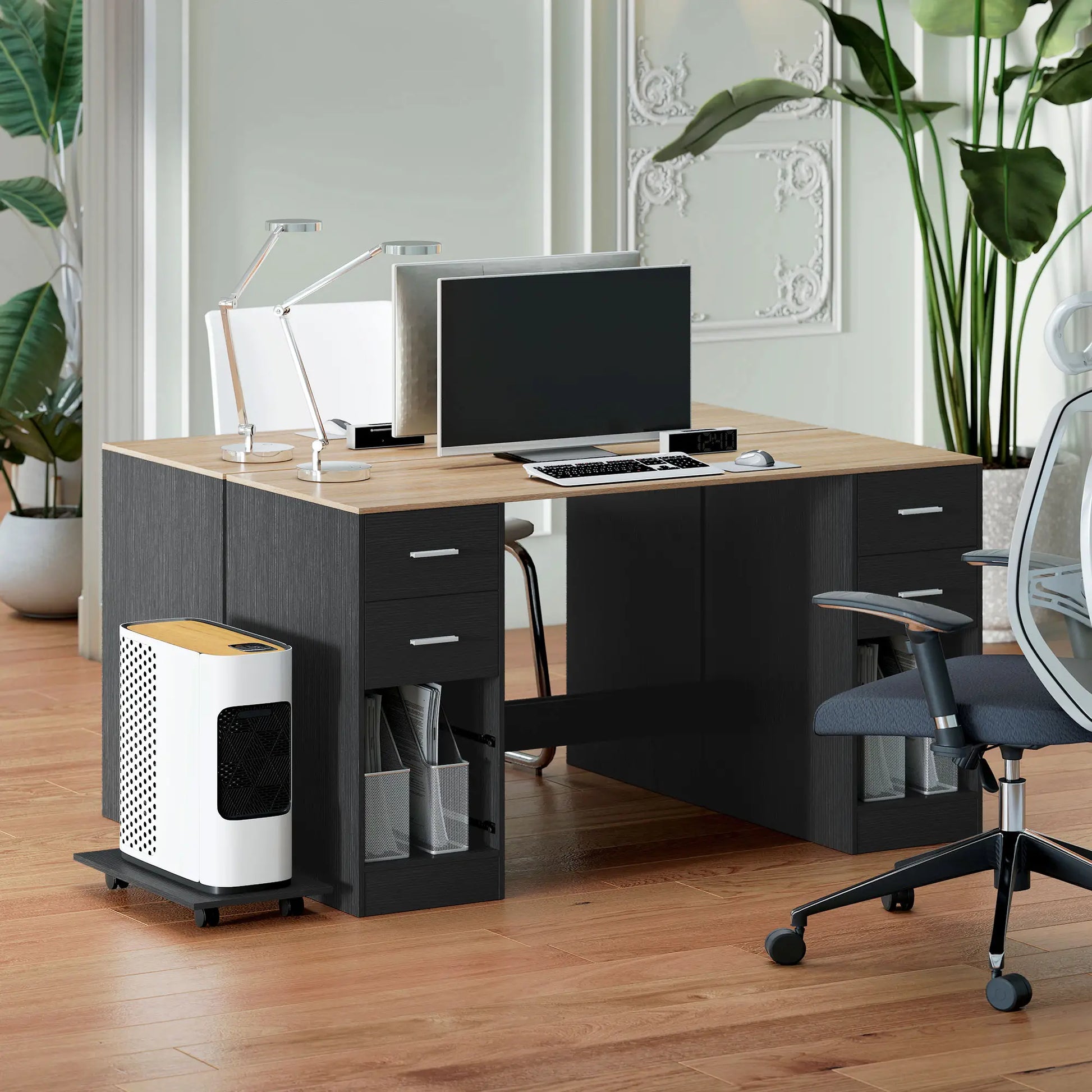 55 Inch Office Desk, Black Wood Grain, 4 Reversible Drawers, Mobile PC Stand, Black Computer Desks at Gallery Canada