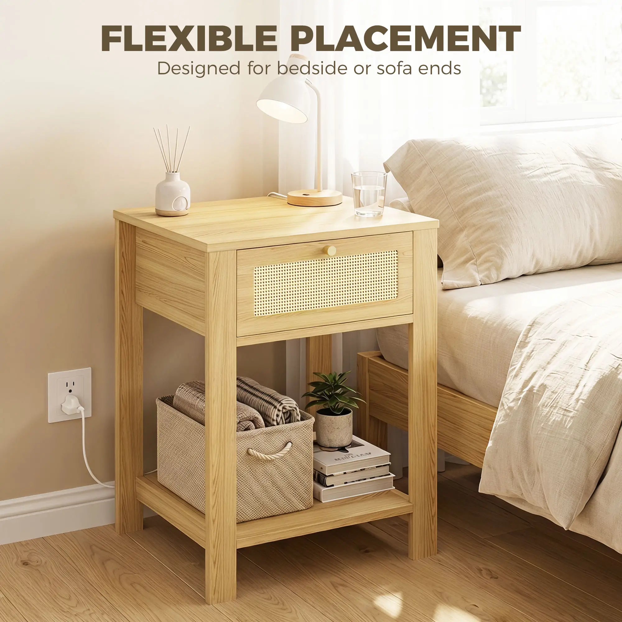 Nightstand Set of 2 With Drawer & Shelf, Natural Wood, Natural Wood Side Tables at Gallery Canada
