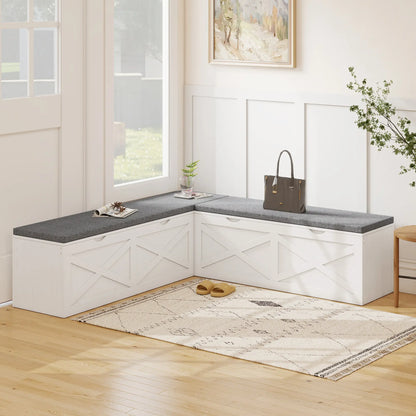L-Shaped Shoe Bench With Padded Cushion, White