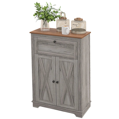 Farmhouse Storage Cabinet With Doors, Drawer, Grey Wash