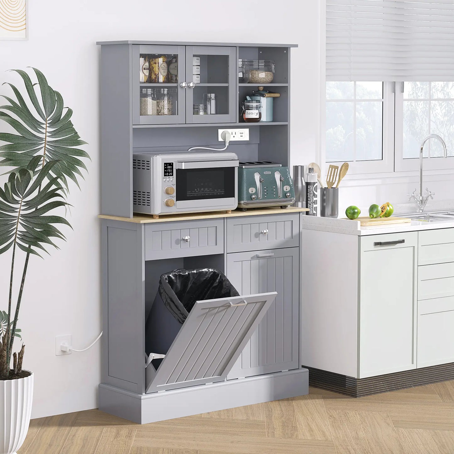 Kitchen Cabinet with Charging Station, 2 Tilt Out Cabinets, Microwave Stand, Grey Kitchen Pantry Cabinets at Gallery Canada