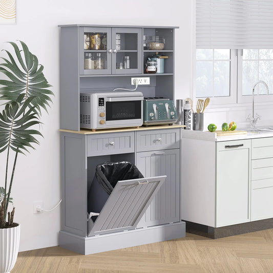 Kitchen Cabinet with Charging Station, 2 Tilt Out Cabinets, Microwave Stand, Grey Kitchen Pantry Cabinets Grey, Nature Wood at Gallery Canada