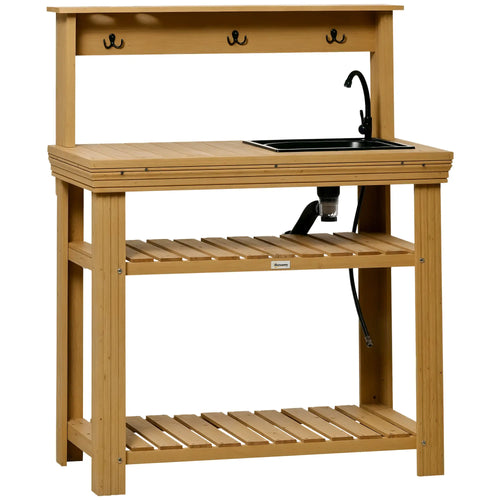 Outdoor Potting Bench with Faucet, Removable Sink, Hooks, Storage Shelves