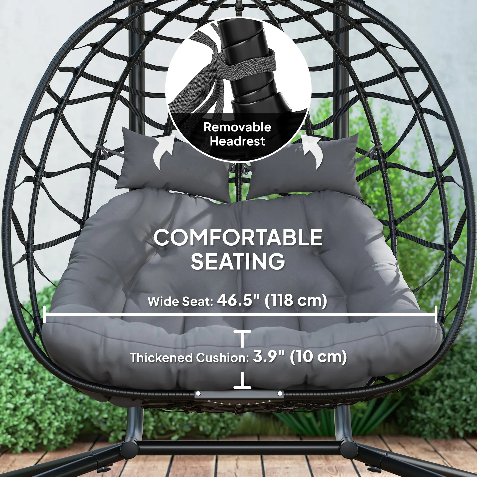 Double Wicker Egg Swing Chair, Foldable with Stand, Black Patio Swings with Stand at Gallery Canada