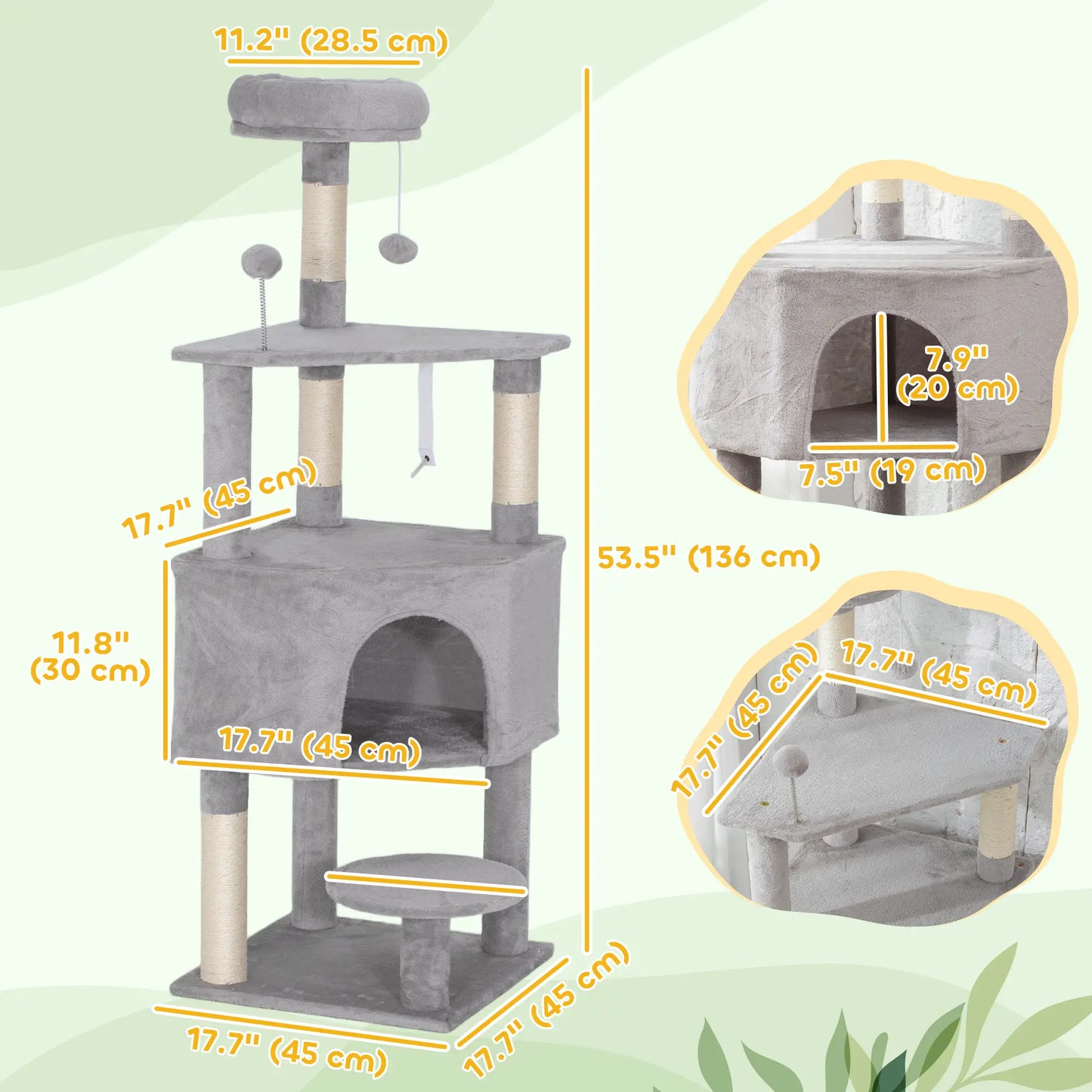 54 Inch Cat Tree, Large Condo, Top Perch, Sisal Posts, Dangling Toy, Light Grey Cat Trees at Gallery Canada
