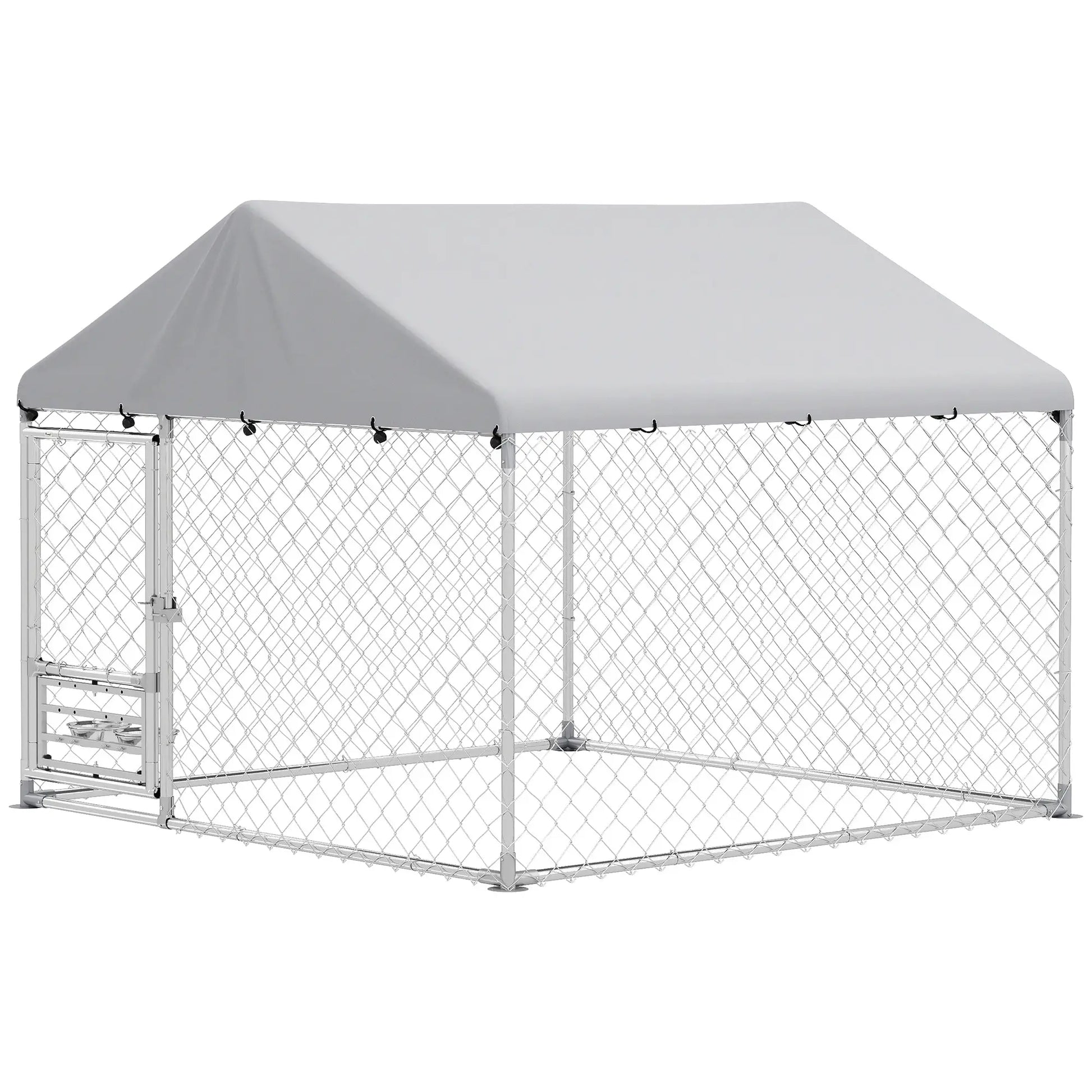 Outdoor Dog Run, Adjustable Rotating Bowls, Waterproof Cover, 6.6' x 6.6' x 5.1' Houses, Kennels & Pens Silver at Gallery Canada