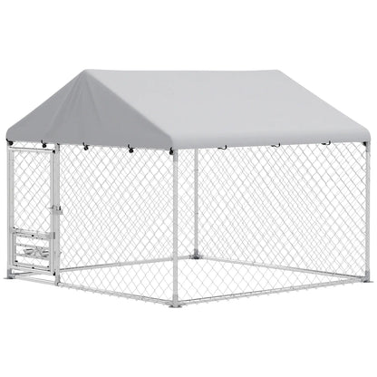 Outdoor Dog Run, Adjustable Rotating Bowls, Waterproof Cover, 6.6' x 6.6' x 5.1' Houses, Kennels & Pens Silver at Gallery Canada