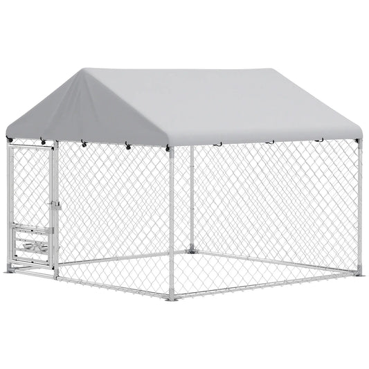 Outdoor Dog Run, Adjustable Rotating Bowls, Waterproof Cover, 6.6' x 6.6' x 5.1' Houses, Kennels & Pens Silver at Gallery Canada