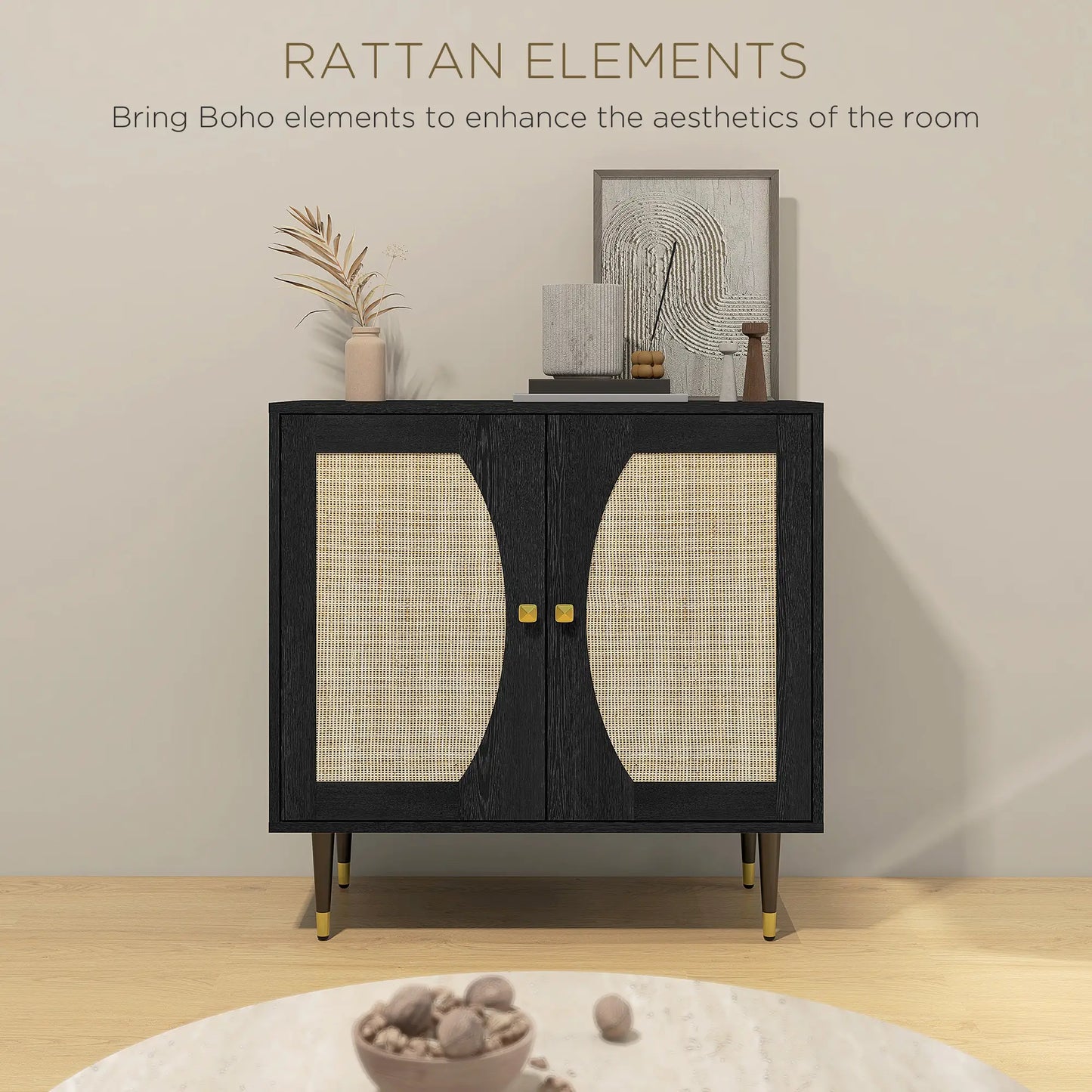 Boho Buffet Cabinet, Adjustable Shelf, Rattan Doors, 42 Inches, Black Kitchen Pantry Cabinets at Gallery Canada