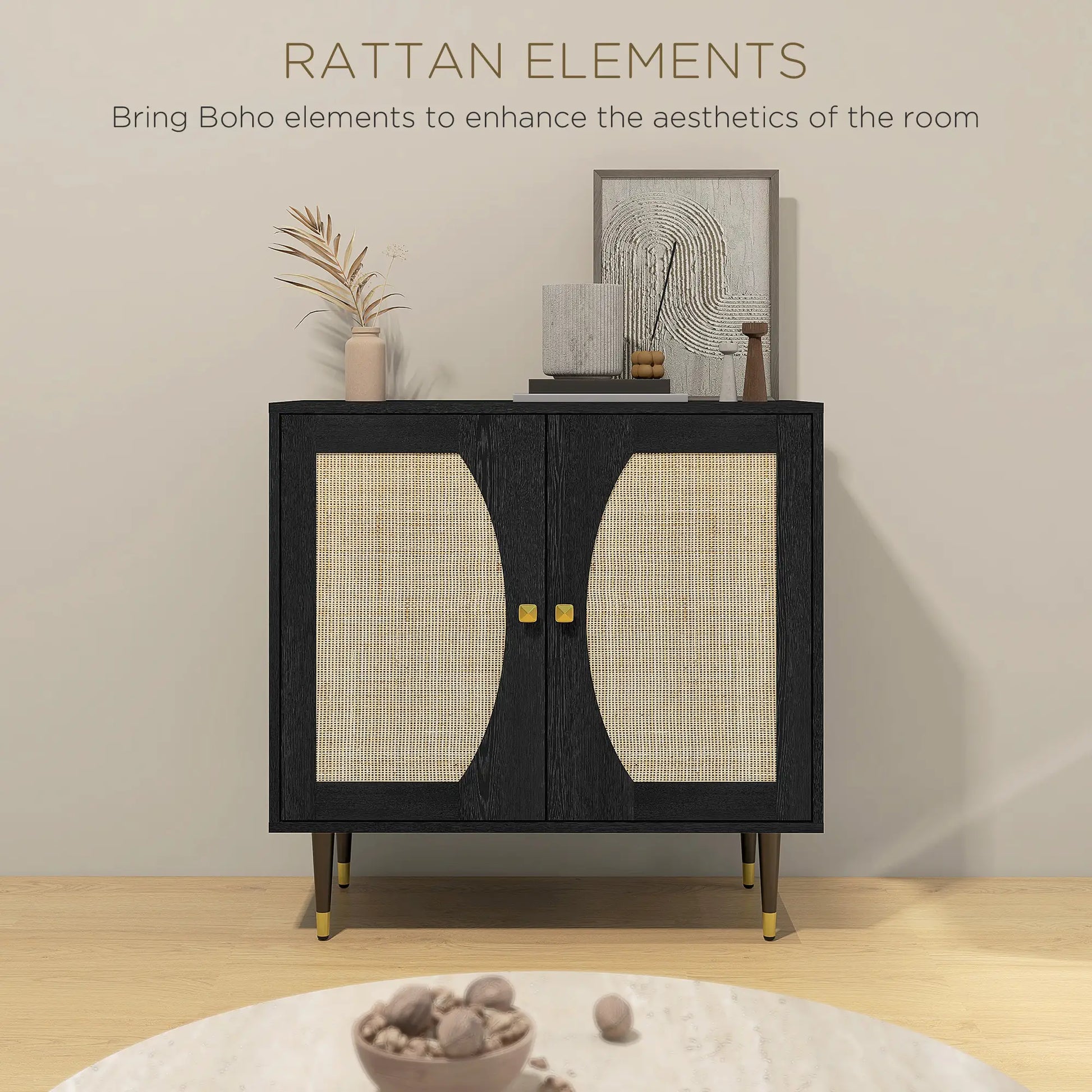 Boho Buffet Cabinet, Adjustable Shelf, Rattan Doors, 42 Inches, Black Kitchen Pantry Cabinets at Gallery Canada