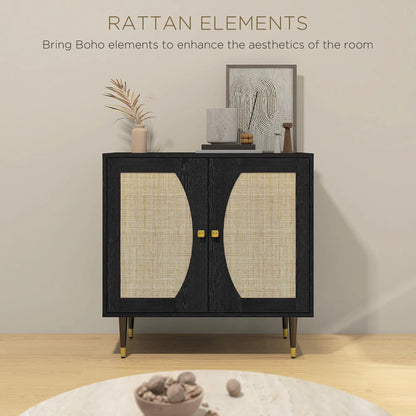 Boho Buffet Cabinet, Adjustable Shelf, Rattan Doors, 42 Inches, Black Kitchen Pantry Cabinets at Gallery Canada