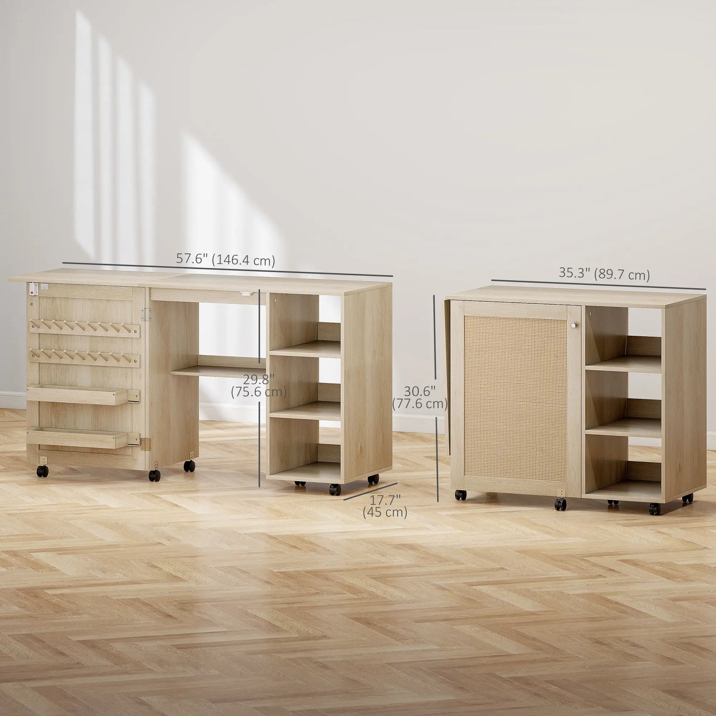 Sewing Machine Table with Drop Leaf, Rattan Door, Storage Shelves, Natural Storage Cabinets at Gallery Canada