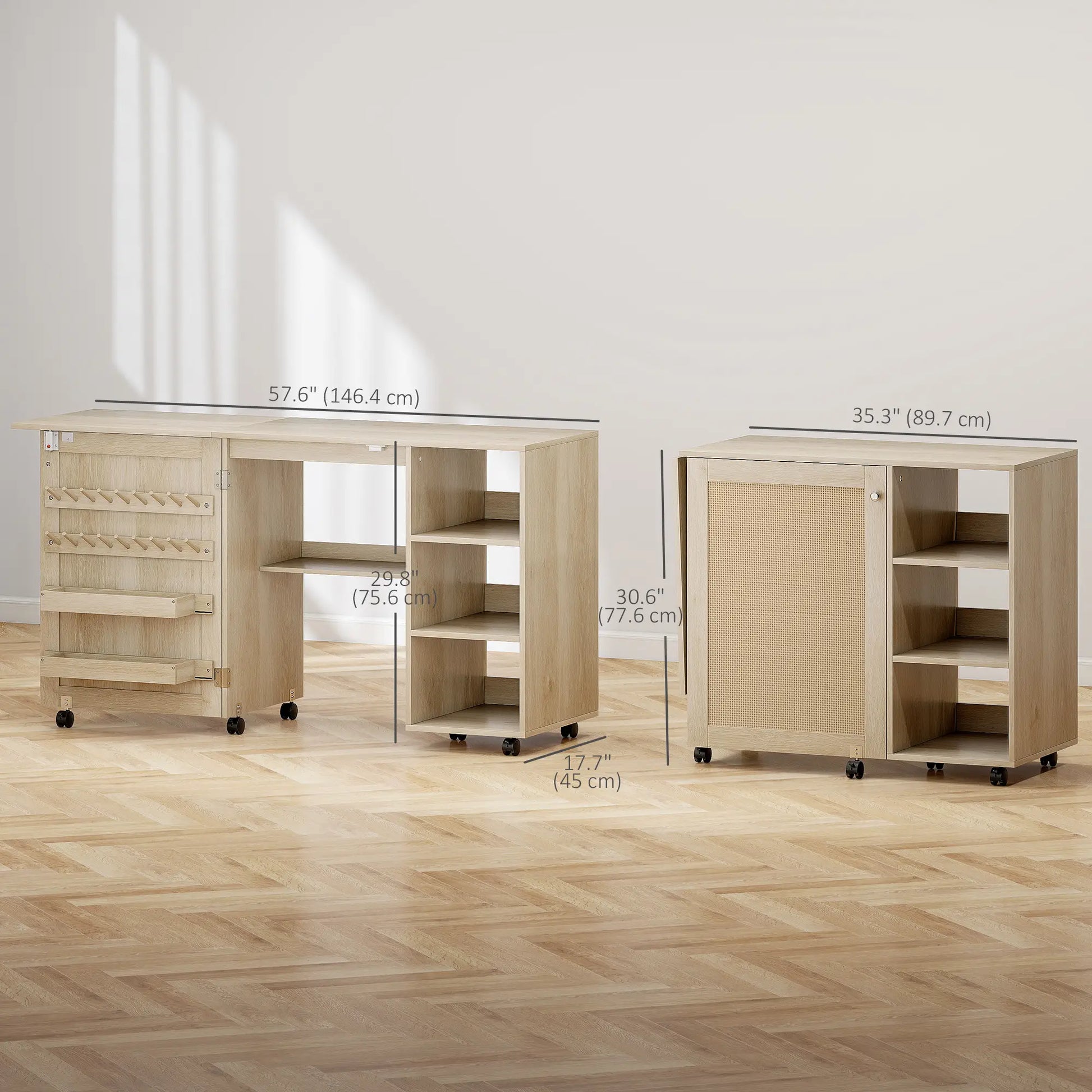 Sewing Machine Table with Drop Leaf, Rattan Door, Storage Shelves, Natural Storage Cabinets at Gallery Canada