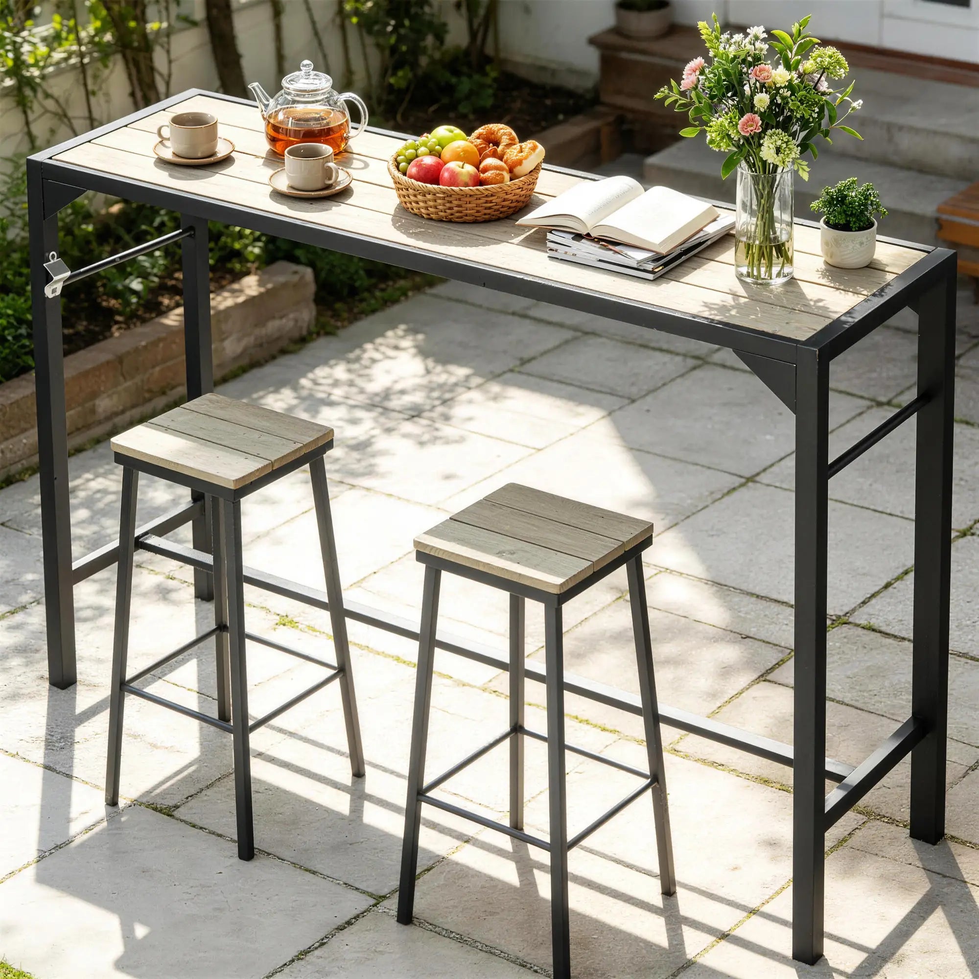 Outdoor Bar Table With Built-In Bottle Opener, Wood Grain Plastic Top, 55