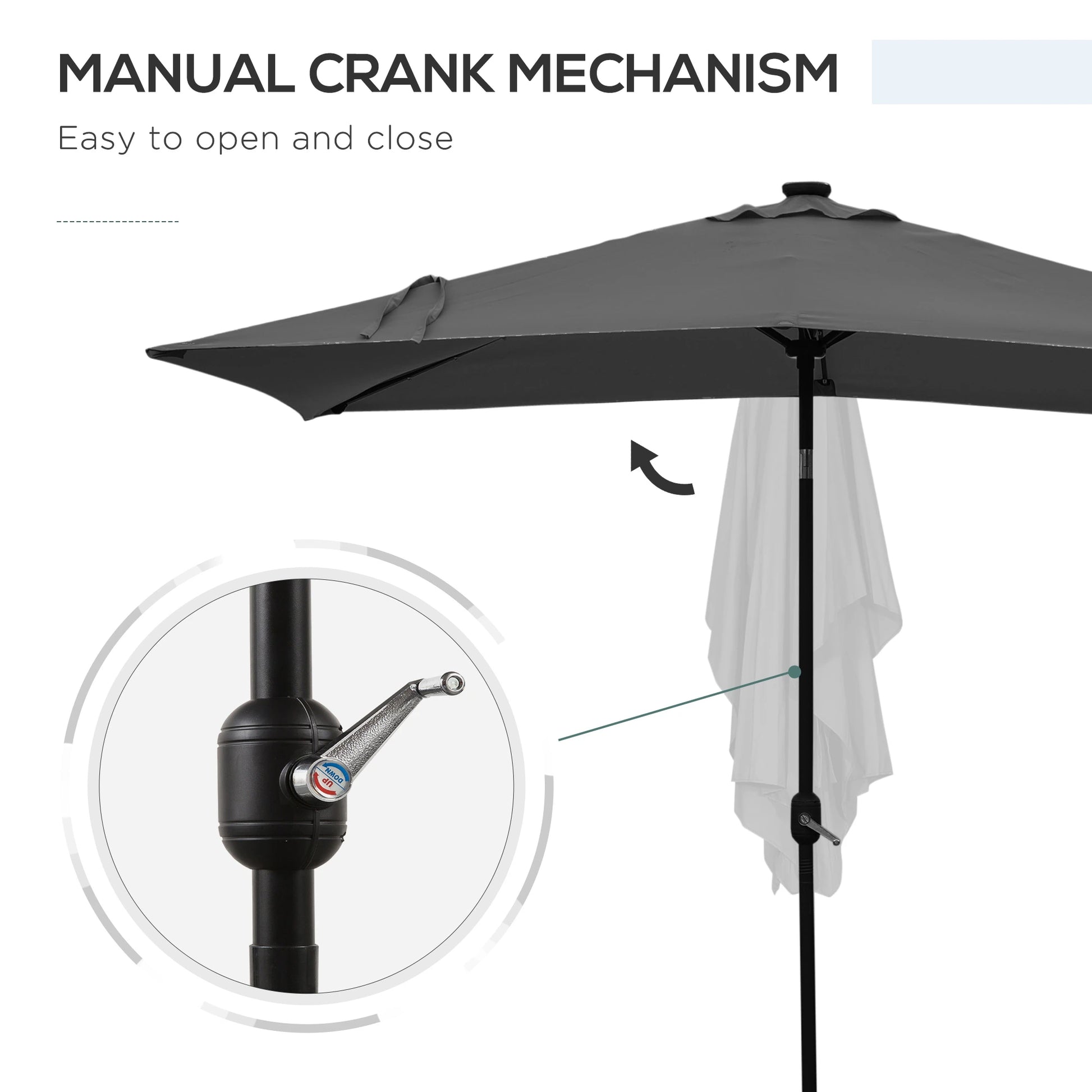 6' x 10' Rectangular Patio Umbrella, 22 LED Solar Lights, Tilt, Crank, Dark Grey Sun Umbrellas at Gallery Canada