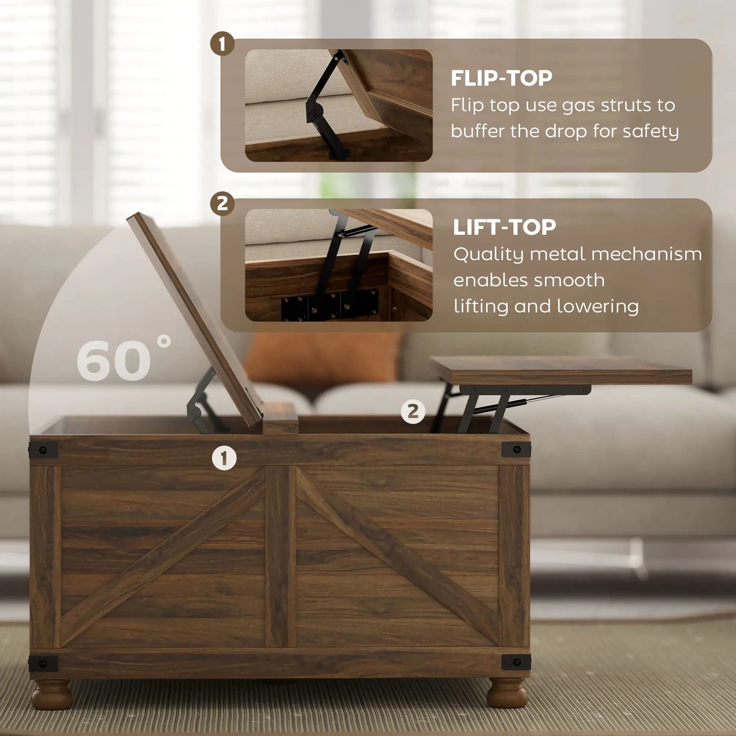 Lift Top Coffee Table, 32" Farmhouse Style, Hidden Compartment, Brown Wood Grain, Brown Coffee Tables at Gallery Canada