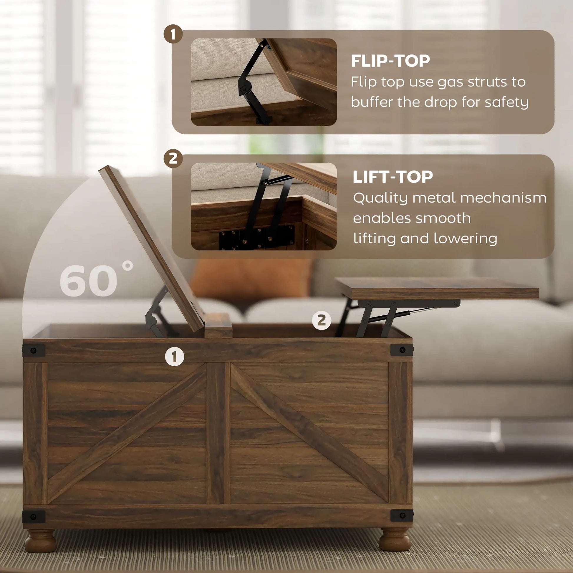 Lift Top Coffee Table, 32" Farmhouse Style, Hidden Compartment, Brown Wood Grain, Brown Coffee Tables at Gallery Canada