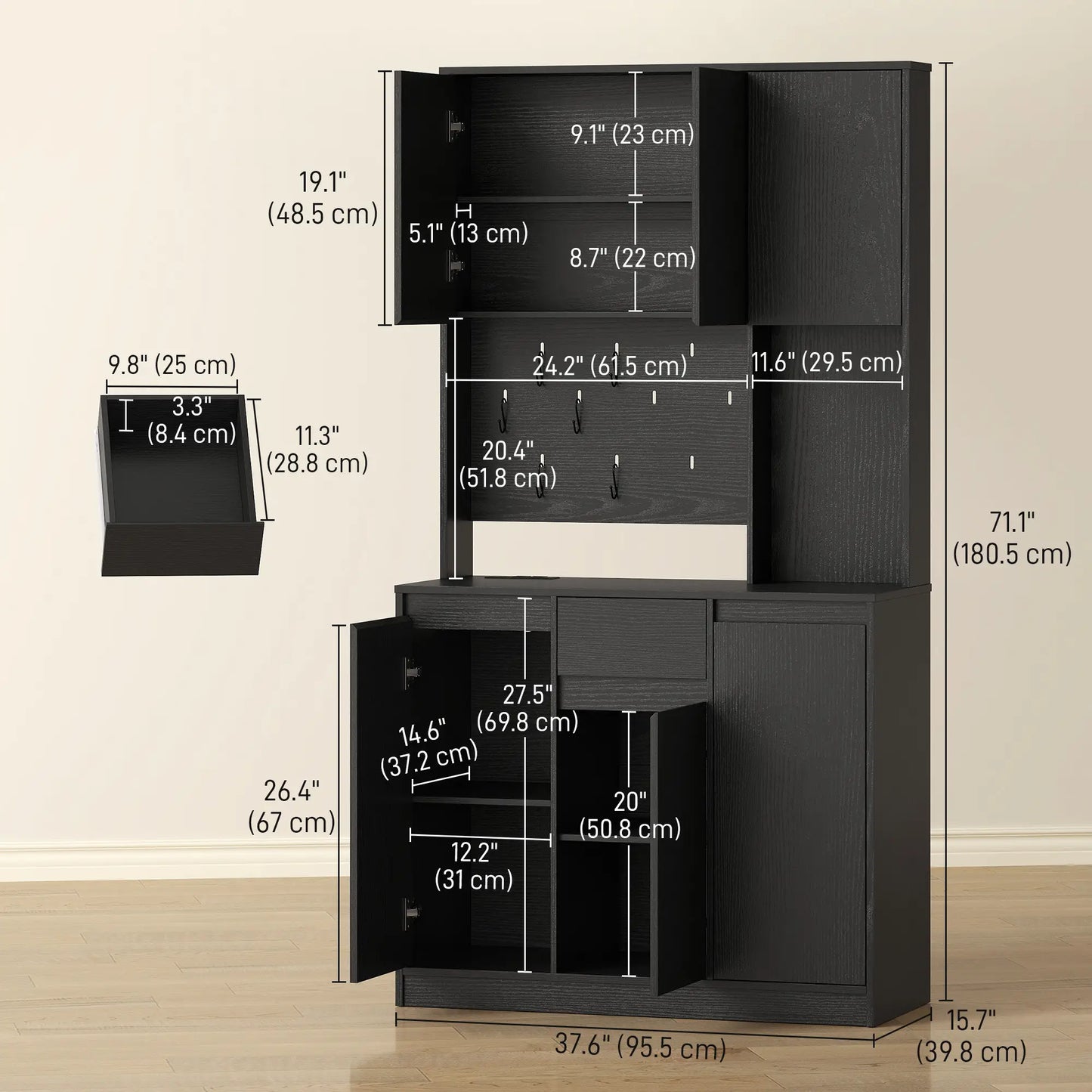 71 Inch Pantry Cabinet with Charging Station, Microwave Stand, Black Kitchen Pantry Cabinets at Gallery Canada