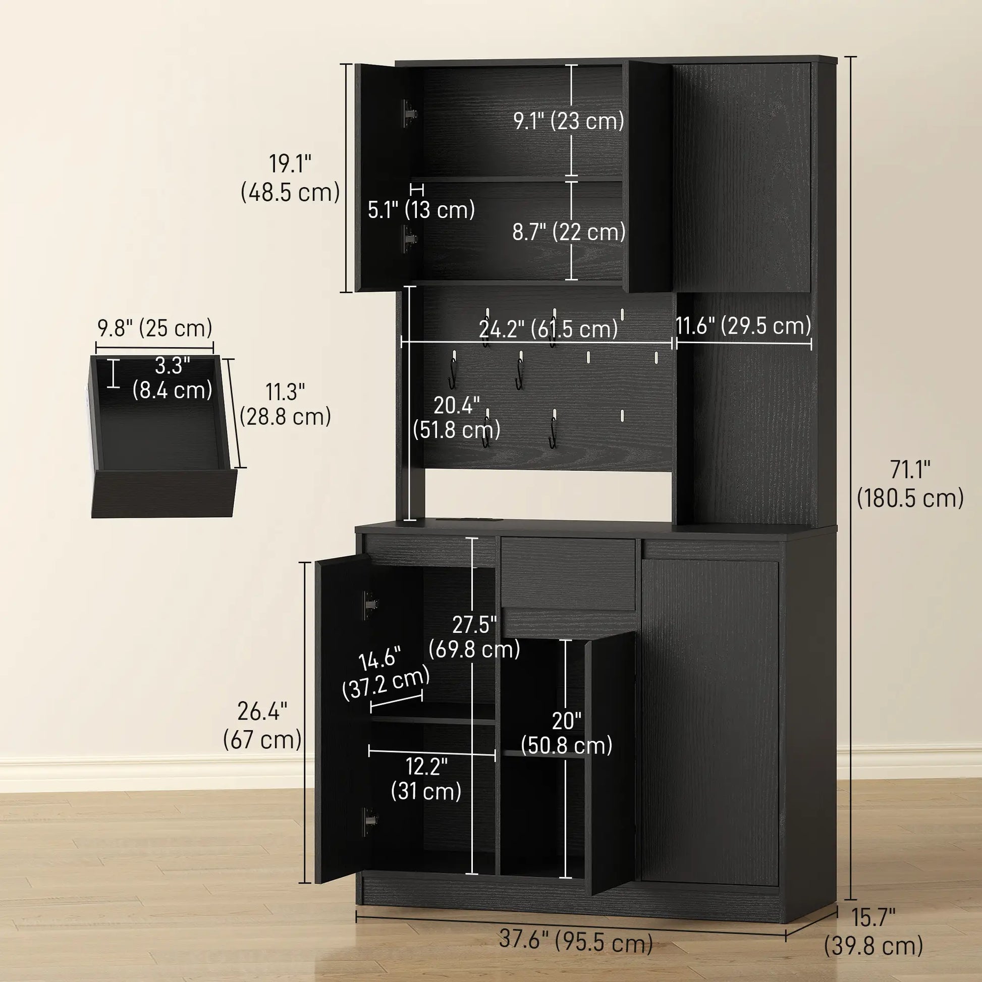 71 Inch Pantry Cabinet with Charging Station, Microwave Stand, Black Kitchen Pantry Cabinets at Gallery Canada