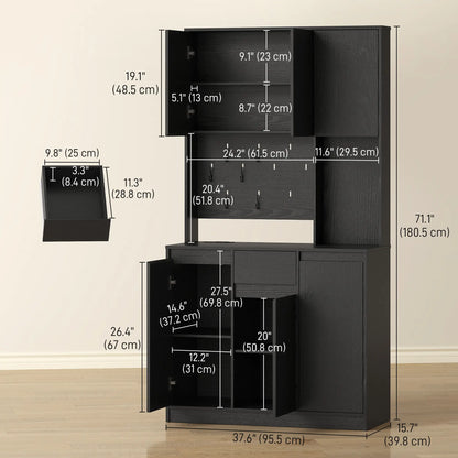 71 Inch Pantry Cabinet with Charging Station, Microwave Stand, Black Kitchen Pantry Cabinets at Gallery Canada