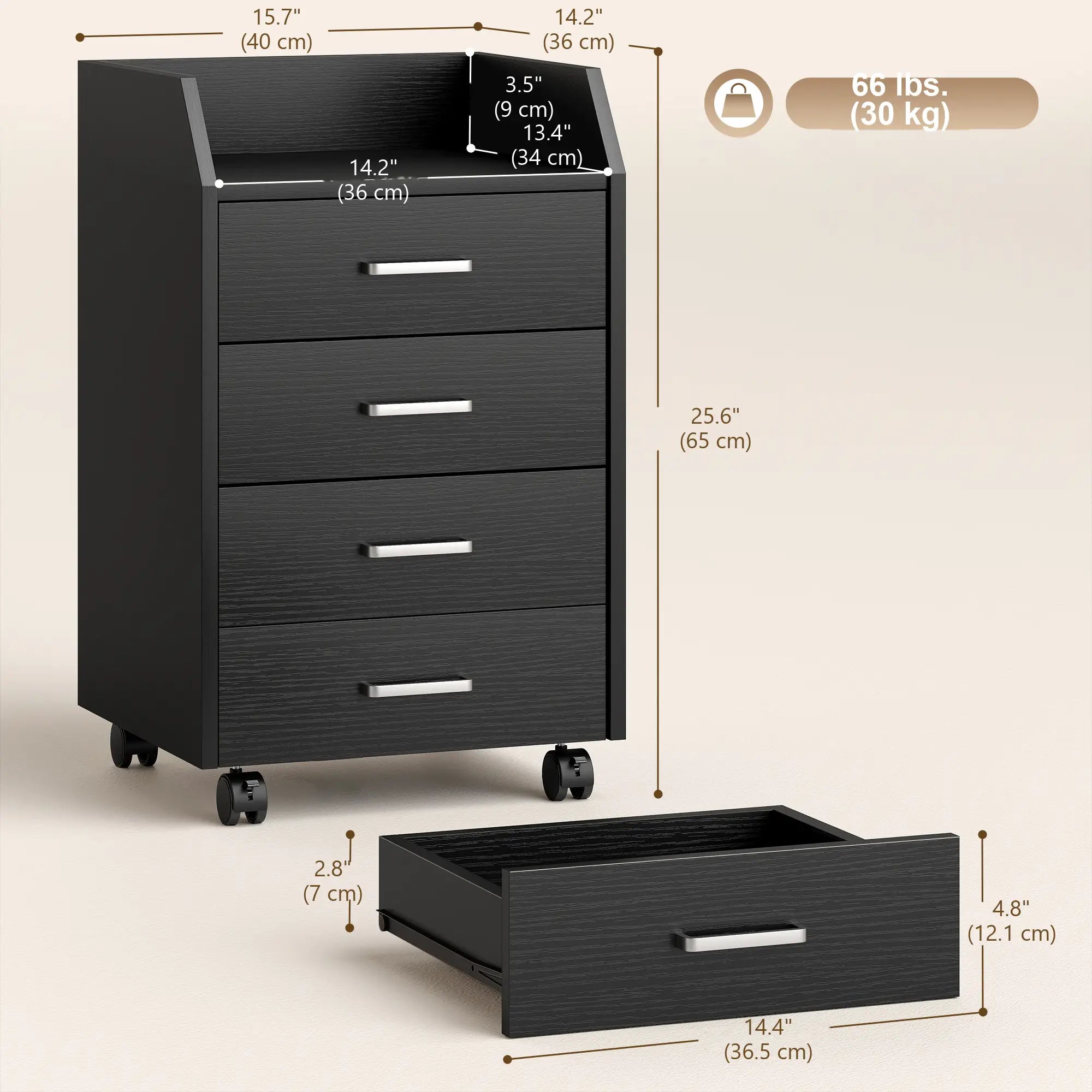 4-Drawer Vertical Mobile Filing Cabinet, Lockable Wheels, Black Wood Grain Office Cabinets & Cupboards at Gallery Canada