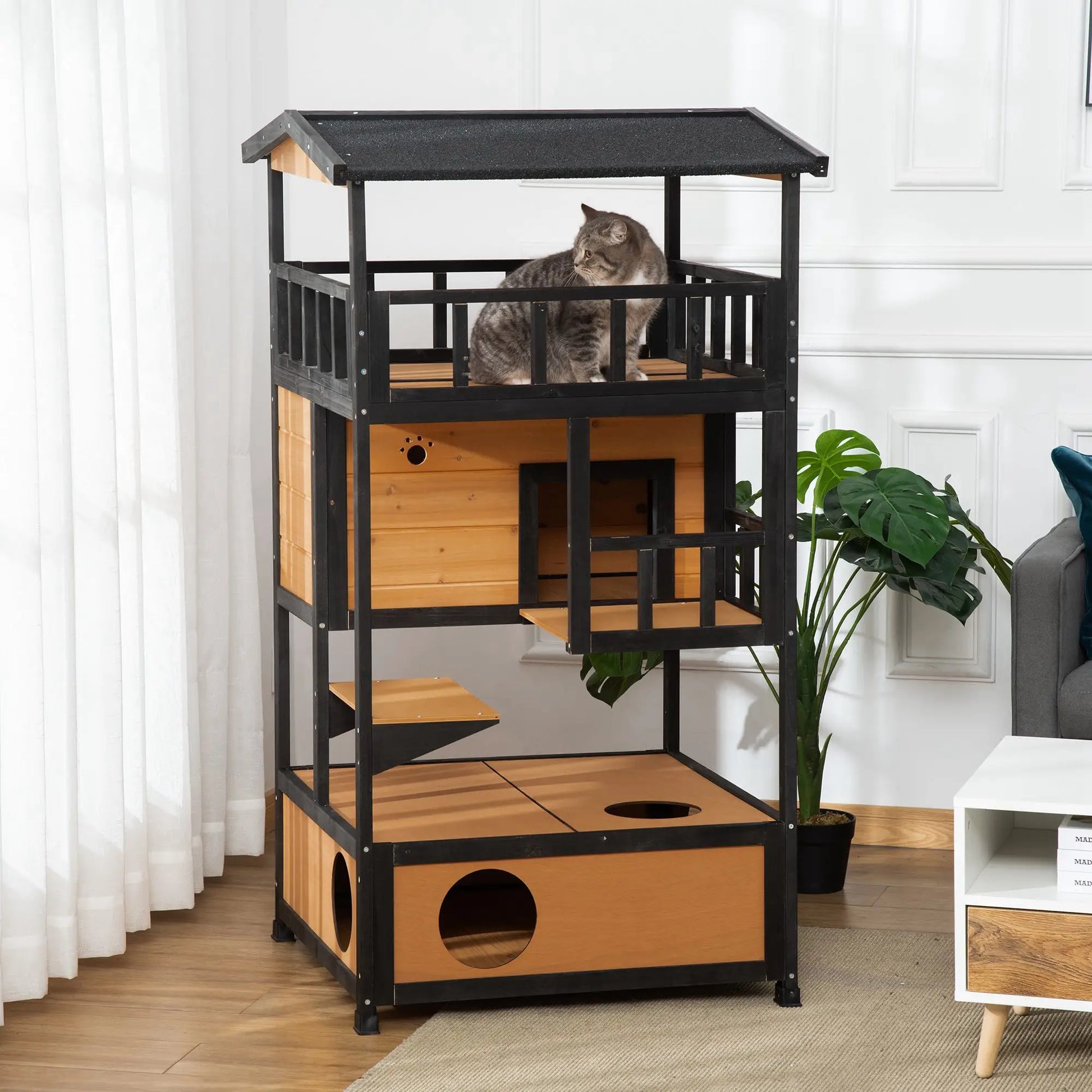 4-Floor Wood Outdoor Cat House, Condo, Fun Entrances, Perch, Natural Cat Houses at Gallery Canada