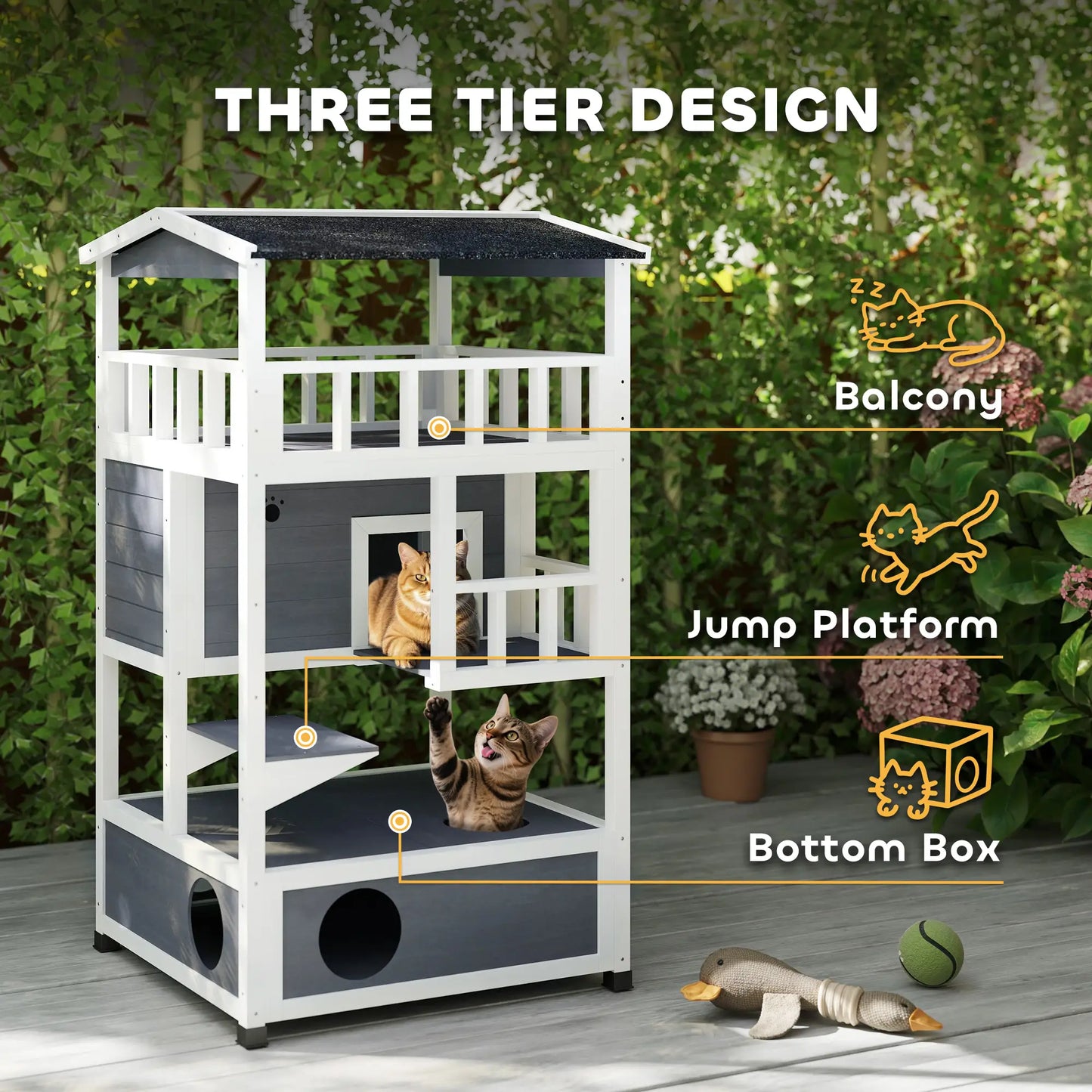 4-Floor Wood Outdoor Cat House, Condo, Fun Entrances, Perch, Grey Cat Houses at Gallery Canada