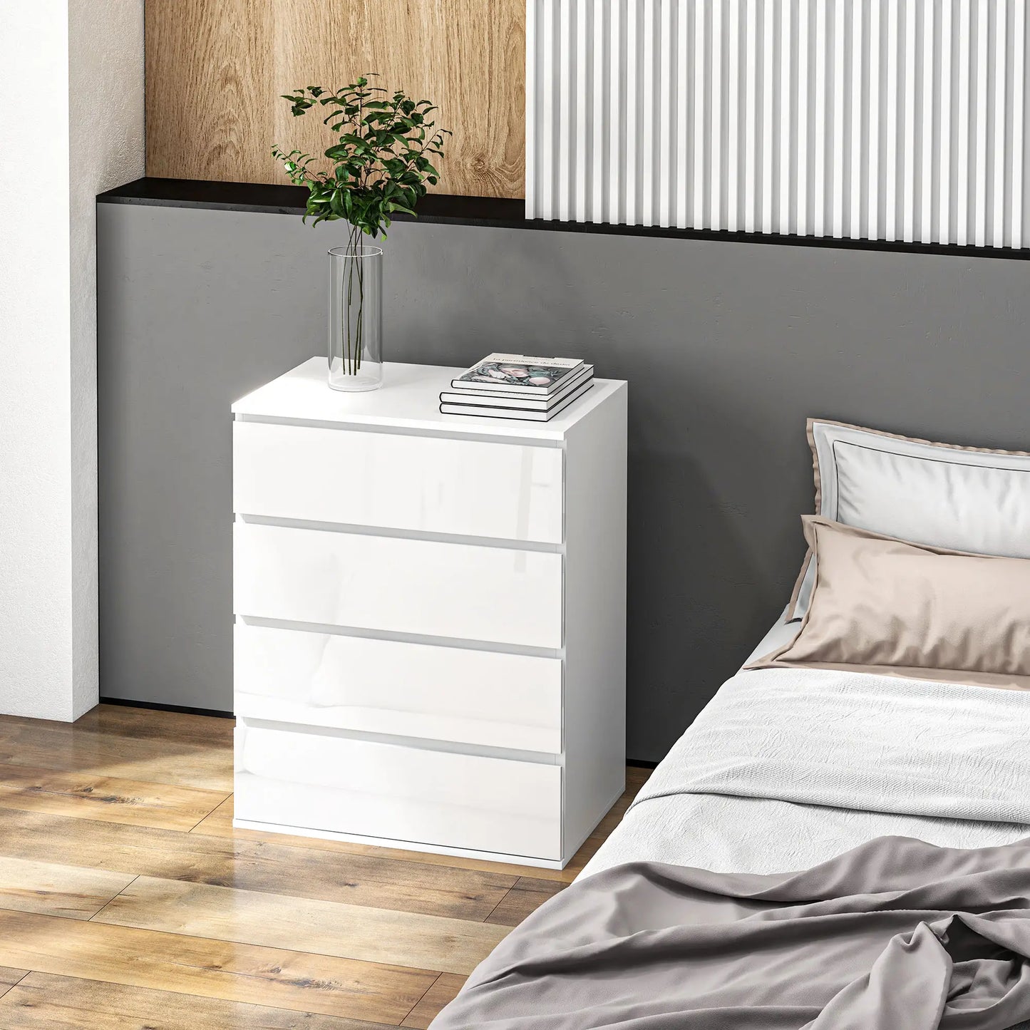 Armoire à 4 tiroirs, Haute brillance, Coffre de chambre, Coulisses en métal, Blanc