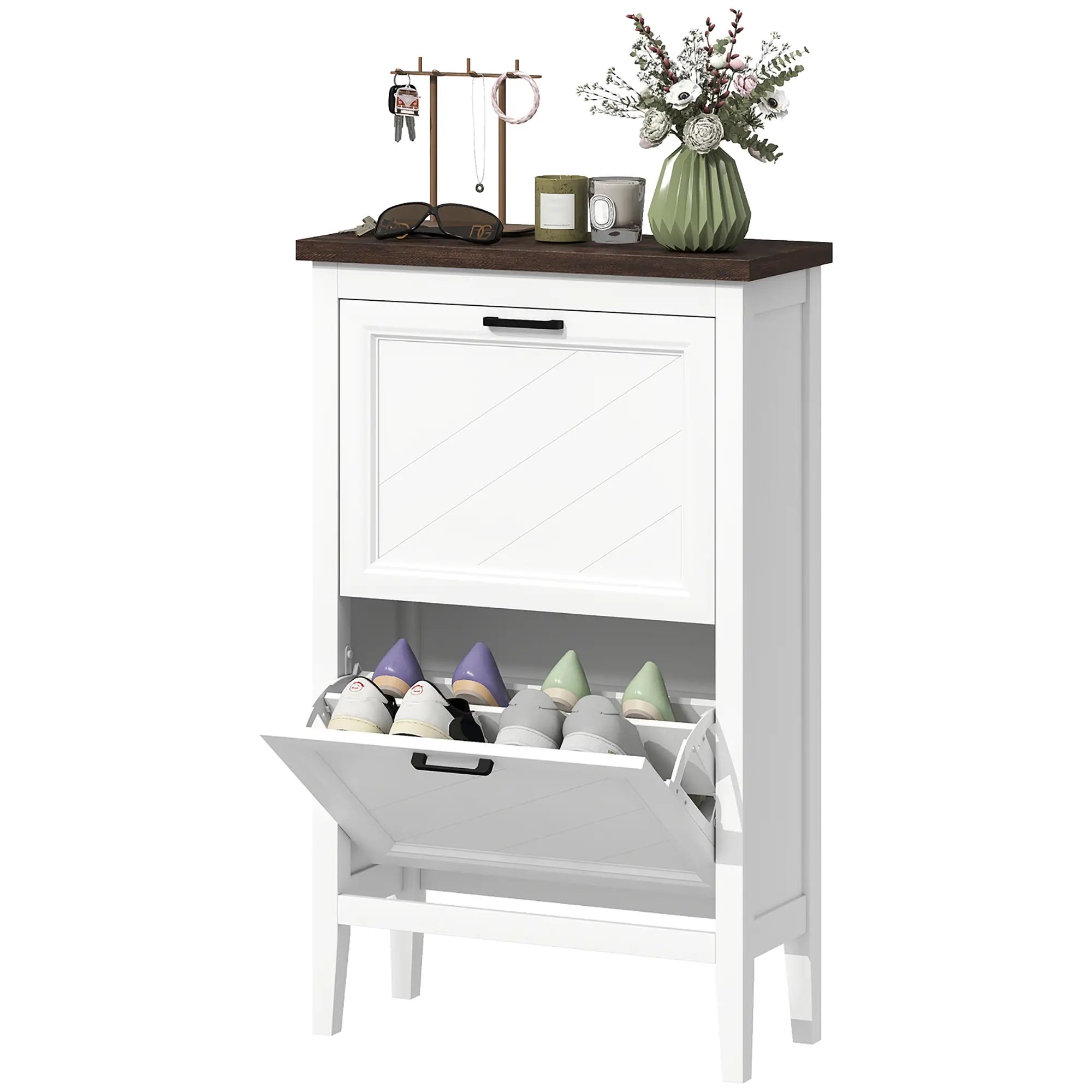 Shoe Cabinet with 2 Flip Drawers, Farmhouse Narrow Shoe Storage Cabinet with Adjustable Shelves, White Shoe Storage Cabinets & Racks White, Brown, Black at Gallery Canada
