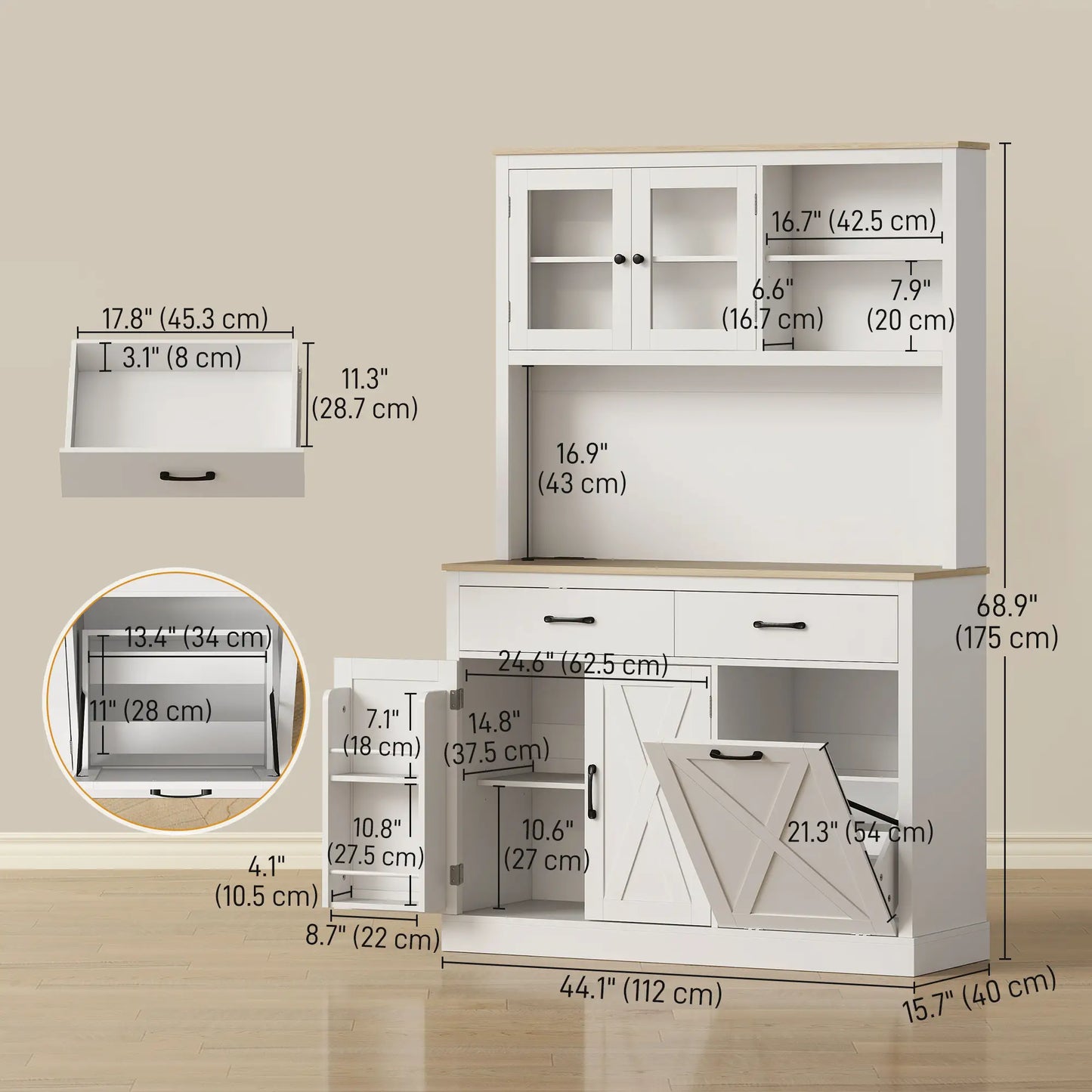69" Pantry Cabinet With Charging Station, Microwave Stand, Tilt-Out Trash Can, White Kitchen Pantry Cabinets at Gallery Canada