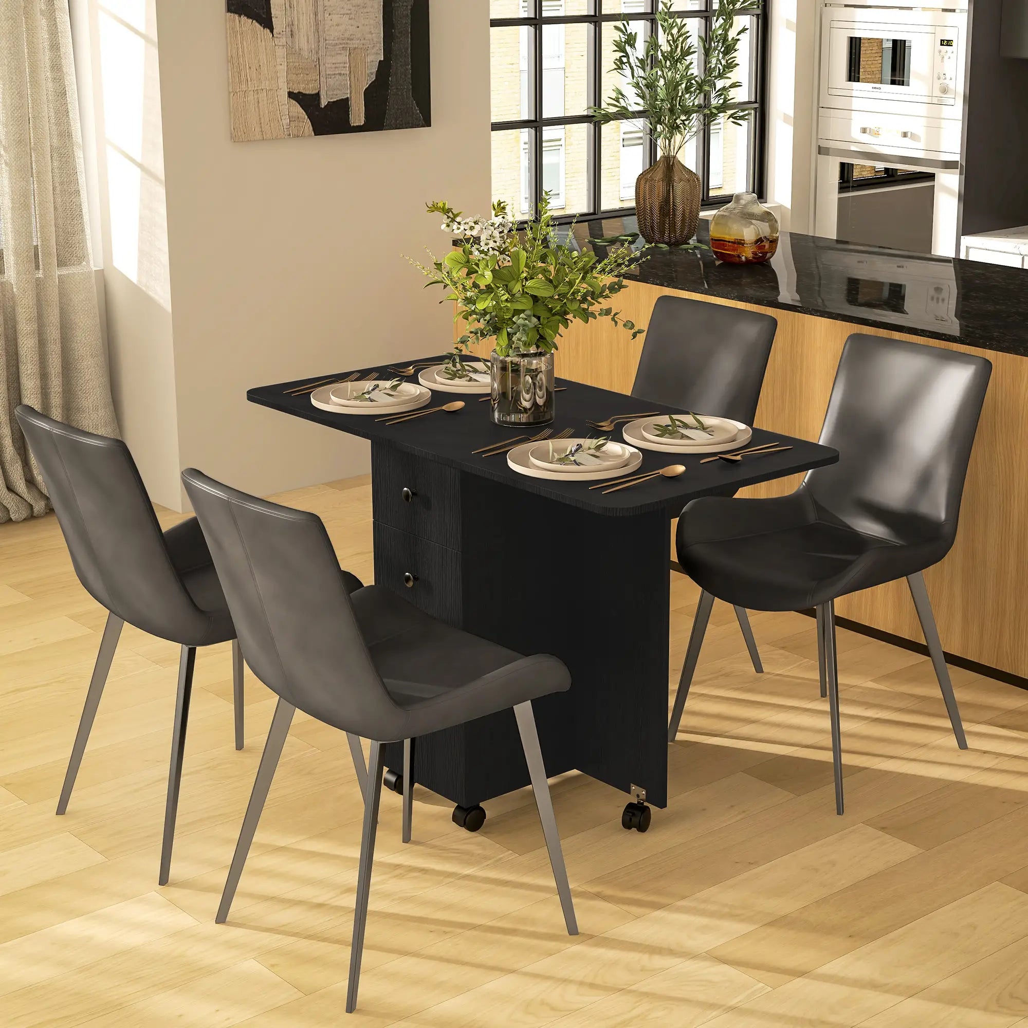 Drop Leaf Dining Table, Mobile Folding Table on Wheels, Black Bar Tables & Dining Tables at Gallery Canada