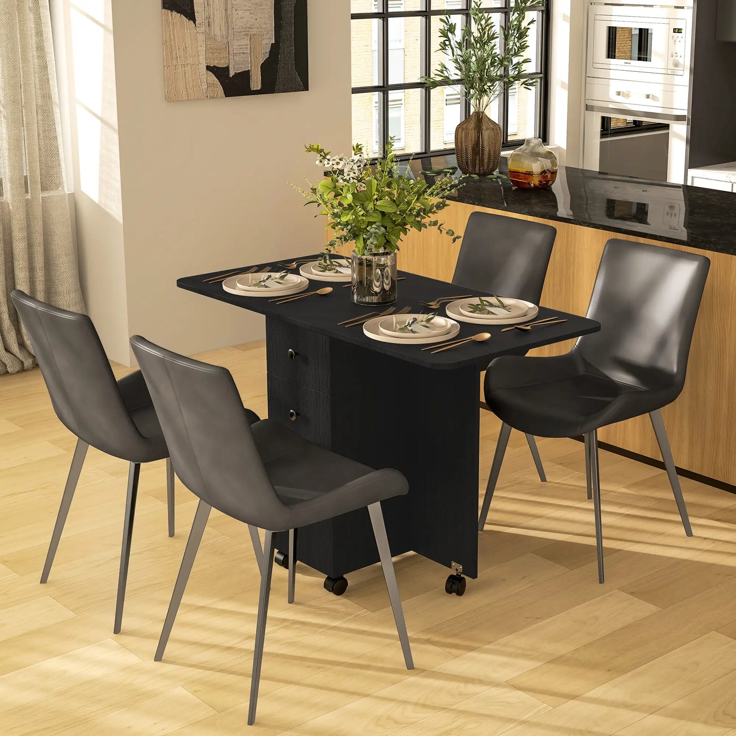 Drop Leaf Dining Table, Mobile Folding Table on Wheels, Black Bar Tables & Dining Tables at Gallery Canada