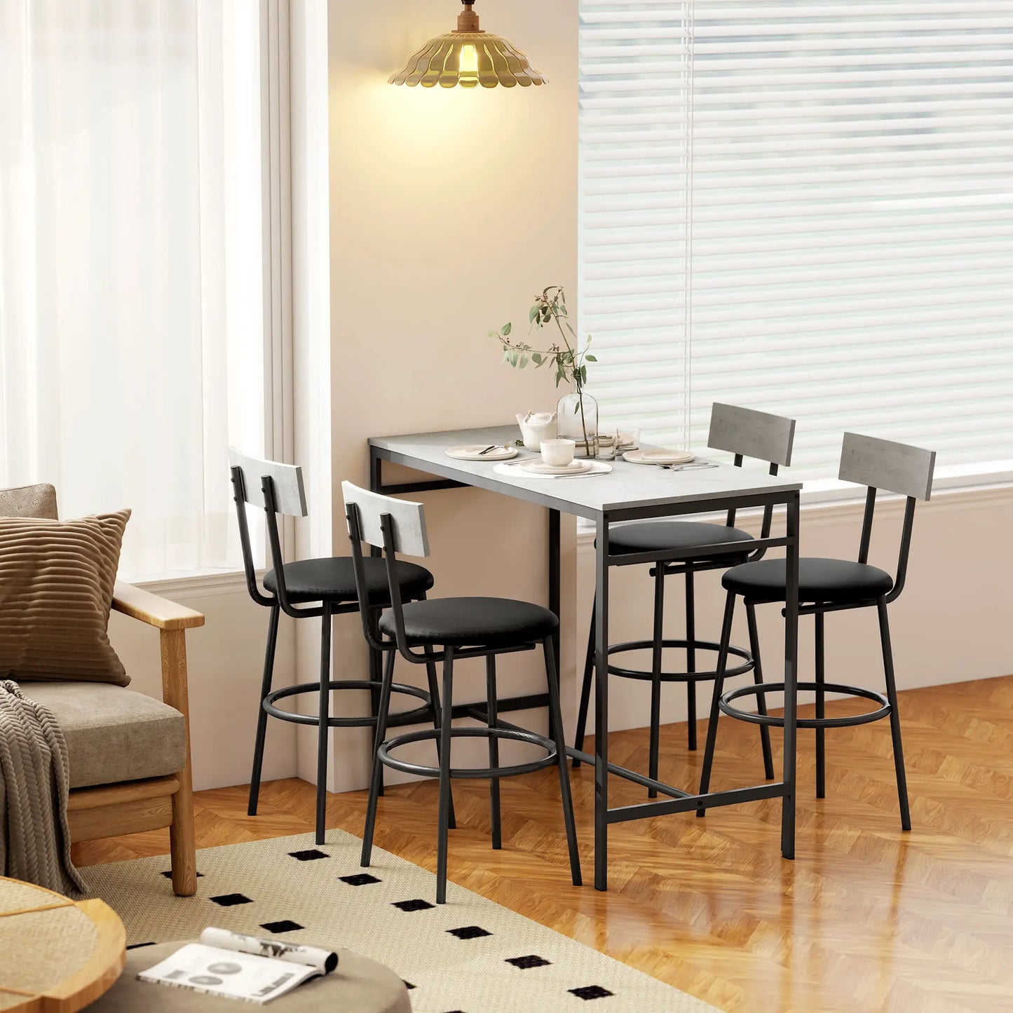 5-Piece Industrial Bar Table Set, 4 Stools with Footrest, Cement Grey Bar Sets at Gallery Canada
