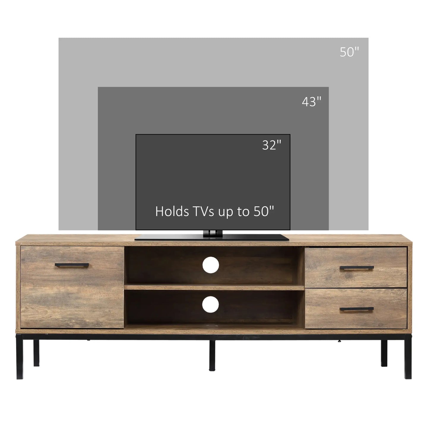 Support TV pour 50 Pouces, Armoire avec Porte, Rangement, Tiroirs, Pieds en Acier