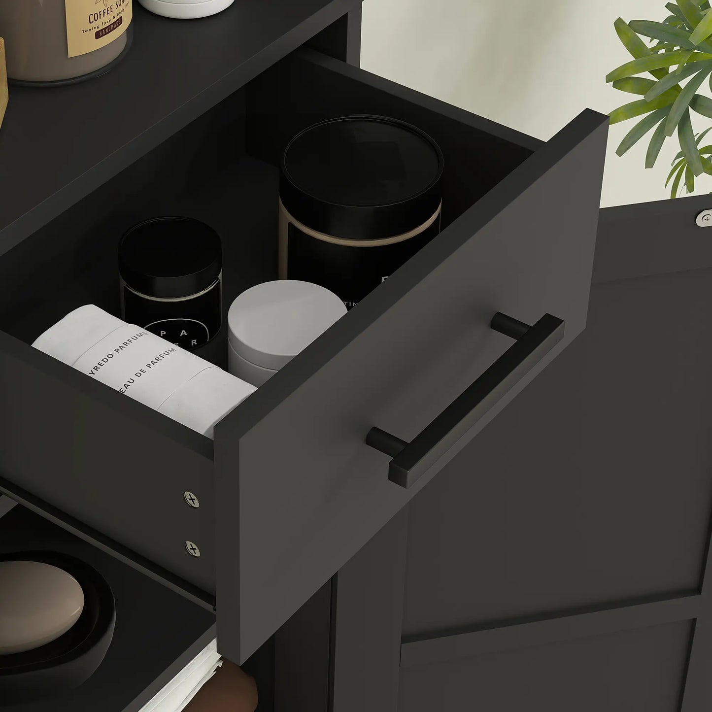 67" Tall Bathroom Cabinet, Narrow Storage with Drawer, Barn Doors, Adjustable Shelves, Black Bathroom Cabinets at Gallery Canada